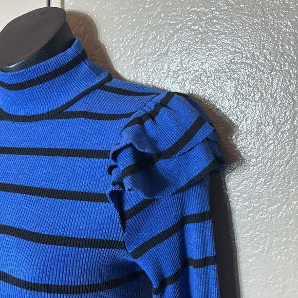 T.la Anthropologie striped ruffle turtleneck top new xs blue/black - Picture 3 of 7